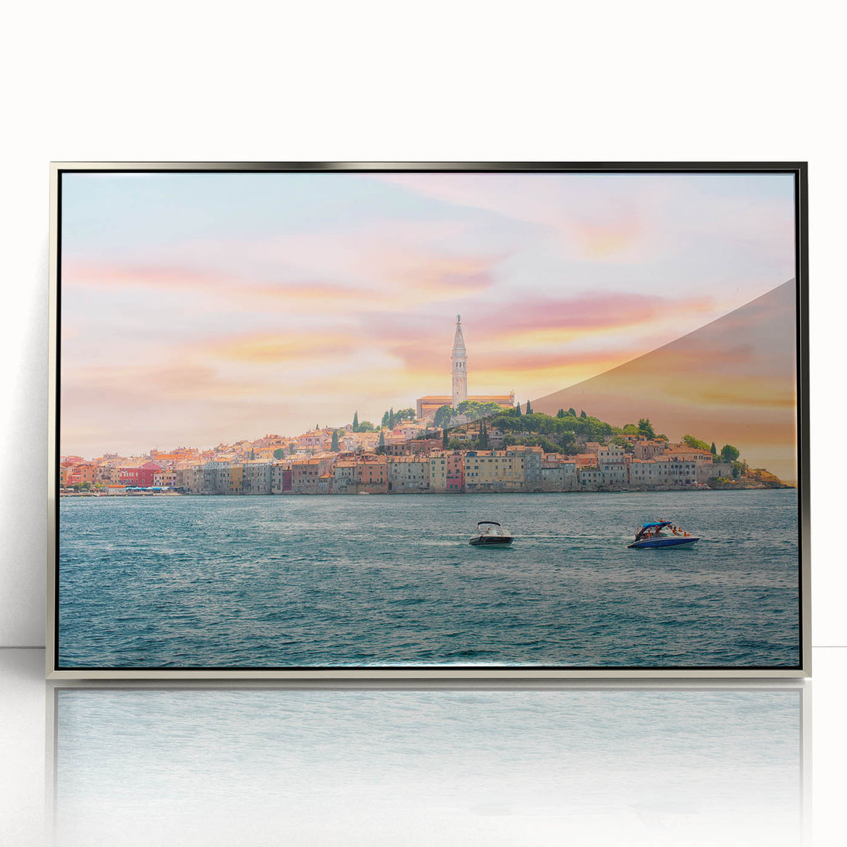 Acrylic print of a Croatian landscape in muted earth tones, framed in silver, suitable for modern art wall decor.