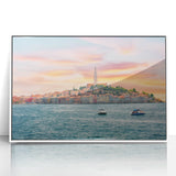 Mid-century modernist art depicting a scenic Croatian landscape on a white-framed acrylic print.