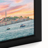 Extra large framed canvas featuring a textured depiction of a Croatian landscape in black with colorful art accents.