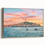 Framed canvas depicting a vintage-style Croatian landscape in muted gold and black tones, suitable for bedroom wall art.