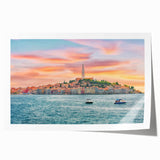 Rolled print of a Croatian landscape featuring lush green fields and a clear sky, ideal for art wall dining room placement.