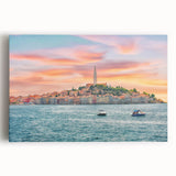 Black and white photograph of a European coastal scene on stretched canvas, ideal for kitchen wall art.
