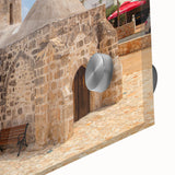 Large abstract wall art on acrylic glass featuring muted earth tones in a mid-century modernist style.