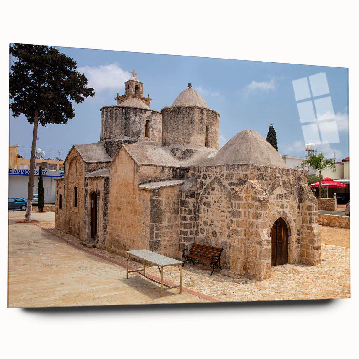 Large abstract wall art of a European Cyprus landscape in muted earth tones on acrylic glass.