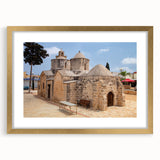 Abstract art print of a European scenery in Cyprus, featuring muted earth tones on a framed canvas.