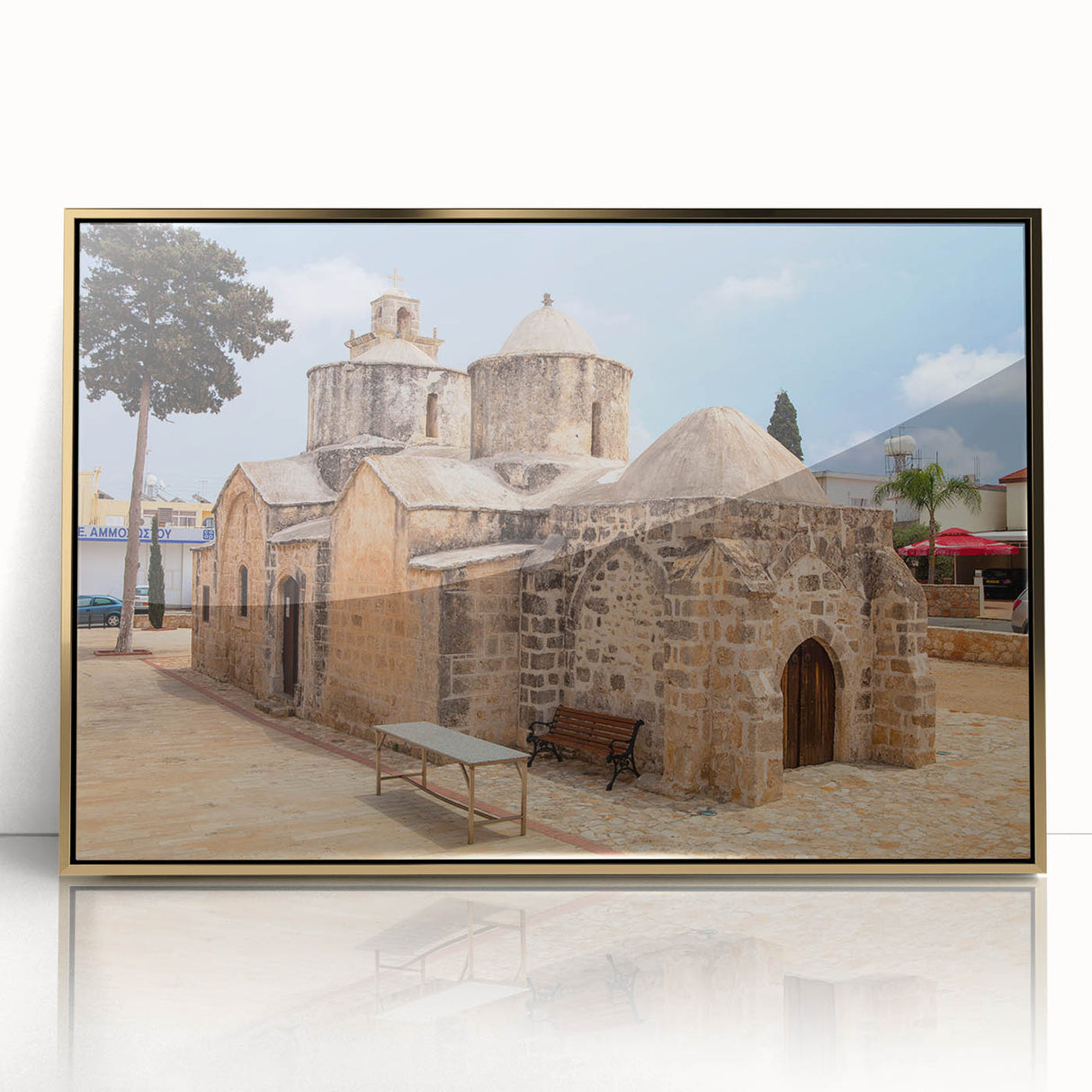 Art deco style poster of a European Cyprus landscape in muted gold tones, acrylic framed, suitable for modern art wall decor.