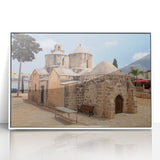 Mid-century modernist art depicting a European Cyprus landscape in muted earth tones, framed acrylic.