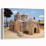Framed canvas vintage poster art of a European Cyprus scenery in vibrant colors, ideal for living room decor.