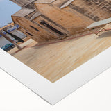 Art deco poster of a European Cyprus landscape in muted earth tones on rolled canvas, suitable for dining room wall art.