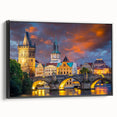 Black and white wall art of Prague landscape on framed canvas, ideal for bedroom decor, featuring vintage poster style.