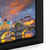 Black wall art featuring a textured, colorful depiction of Prague's skyline on extra large framed canvas.