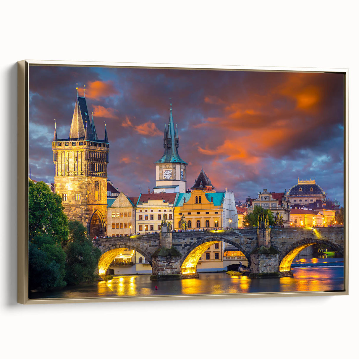 Framed canvas of a vintage-style Prague landscape in black and gold tones, ideal for bedroom wall art.