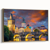 Framed canvas of a vintage-style Prague landscape in black and gold tones, ideal for bedroom wall art.