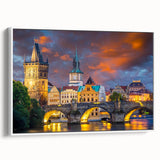 Vintage poster art of Prague skyline in colorful hues on extra large framed canvas, ideal for living room decor.