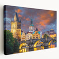 Prague cityscape on stretched canvas, featuring muted earth tones, ideal for kitchen wall art.