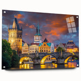 Acrylic print of Prague scenery with muted earth tones, ideal for dining room art.