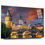 Large abstract depiction of Prague in muted earth tones on acrylic glass, suitable as dining room art.