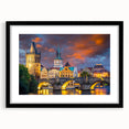Colorful abstract art print of Prague scenery on textured canvas, framed in black, ideal for living room decor.