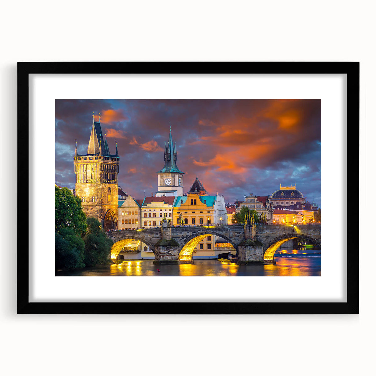 Colorful abstract art print of Prague scenery on textured canvas, framed in black, ideal for living room decor.