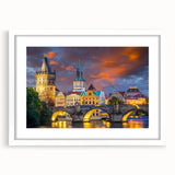 Abstract art print of Prague skyline, featuring muted pastel shades on a framed white mat, ideal for dining room decor.