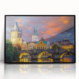 Large abstract wall art of Prague skyline in muted gray, acrylic print in black frame, suitable for modern living room decor.