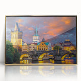 Large art print of Prague skyline in muted gold and blue tones on framed acrylic, suitable for modern art wall decor.