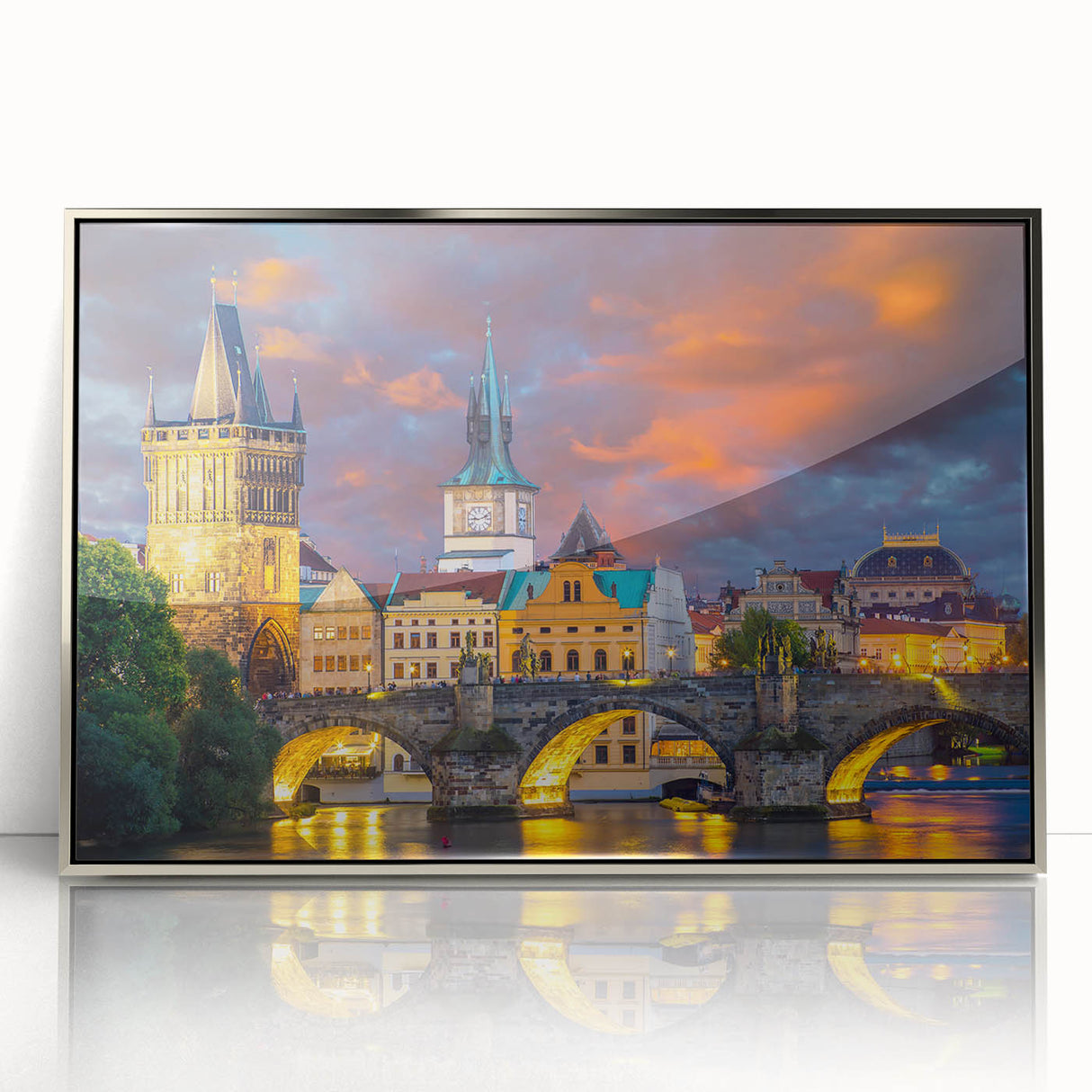 Framed acrylic print of Prague skyline in muted earth tones, ideal for nursery wall art.