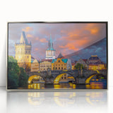 Framed acrylic print of Prague skyline in muted earth tones, ideal for nursery wall art.