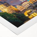 Art deco poster of Prague skyline in muted sepia tones on rolled canvas, suitable for dining room decor.