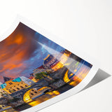 Extra large wall art featuring line art flowers over a Prague cityscape in muted colors on rolled print.