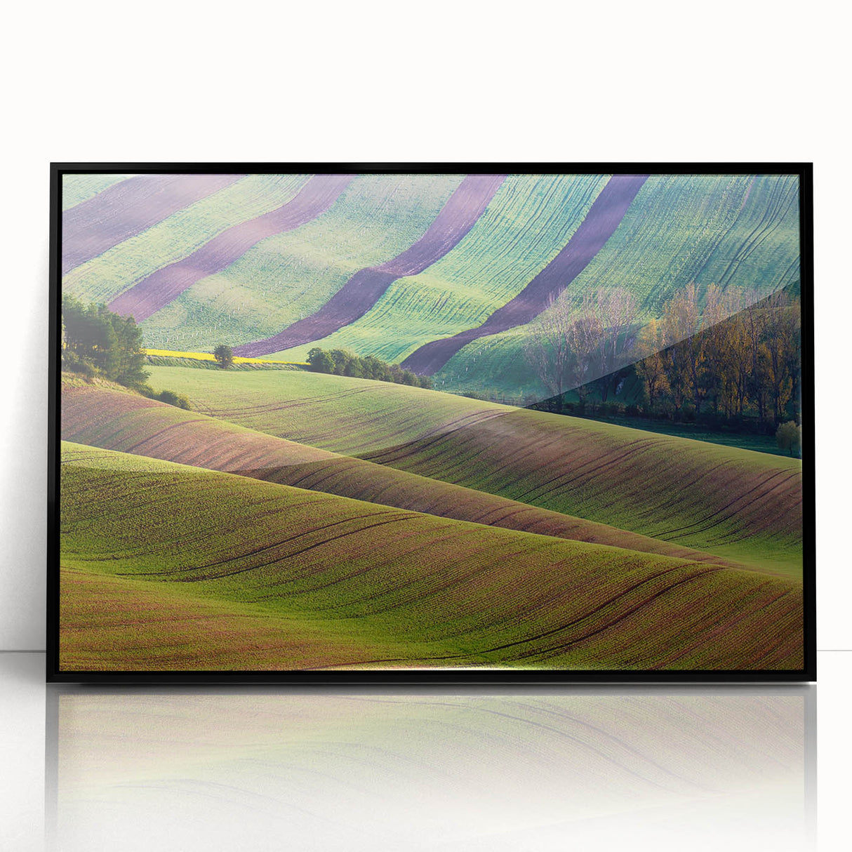 Large abstract wall art of a Czech Republic scenery in muted earth tones, framed in black acrylic.