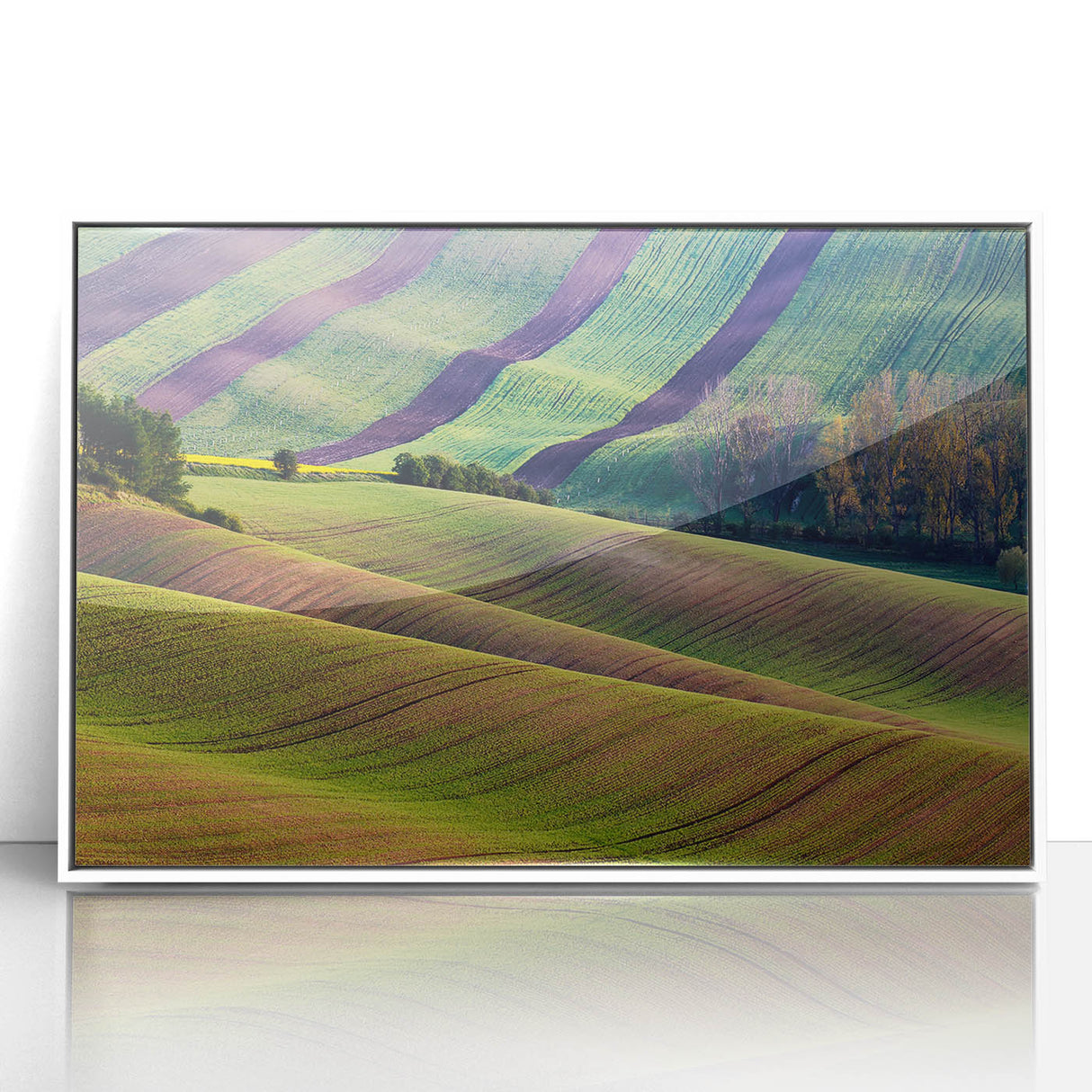 Mid-century modernist art depicting a Czech Republic scenery in muted earth tones on a framed acrylic print.