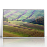 Mid-century modernist art depicting a Czech Republic scenery in muted earth tones on a framed acrylic print.