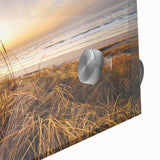 Large abstract wall art featuring a mid-century modernist depiction of a Danish landscape in soft pastel hues.