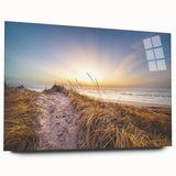 Large abstract wall art depicting a European scenery in muted earth tones on acrylic glass.