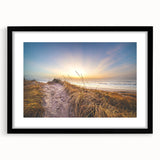 Extra large abstract art print of colorful European scenery on textured canvas, framed in black.