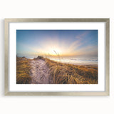 Extra large abstract art print featuring textured scenery of Denmark in muted earth tones, framed in silver.
