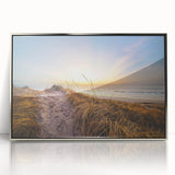 Large art print of a mid-century modernist European scenery in Denmark, featuring muted earth tones on a framed acrylic.