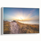 Vintage poster art of a European Denmark scenery in colorful hues on a framed canvas, ideal for living room decor.