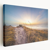 Large canvas print depicting a serene Danish landscape in muted green and blue tones, suitable for kitchen wall art.