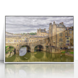 Mid-century modernist art of Bath, England in acrylic, featuring muted earth tones, ideal for nursery wall decor.
