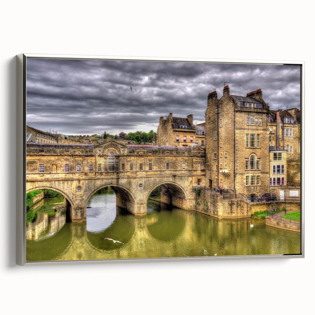 Framed canvas depicting a vintage-style landscape painting of Bath, England, in muted earth tones.