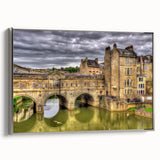 Framed canvas depicting a vintage-style landscape painting of Bath, England, in muted earth tones.