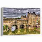 Vintage poster art of Bath, England on framed canvas, featuring colorful art with white borders, ideal for living room decor.