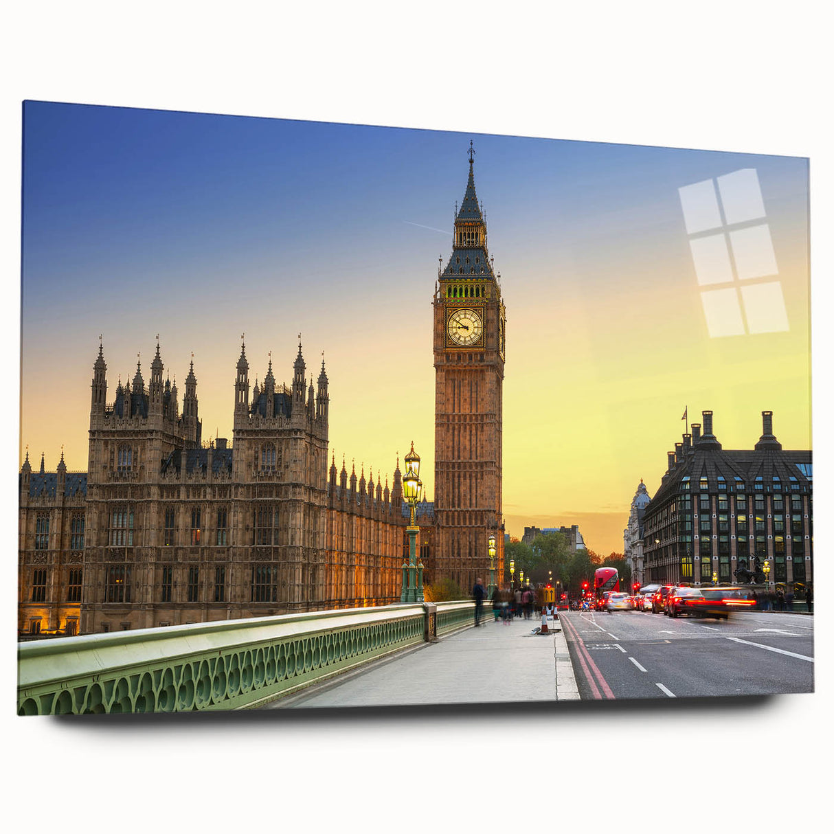 Acrylic print of the Big Ben and London cityscape in muted gray and blue tones, suitable for bedroom or dining room art.
