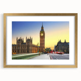 Abstract art print of the Big Ben with muted gold and beige tones on a framed canvas, ideal for dining room decor.