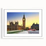Textured art print of Big Ben with abstract elements in muted gray and blue tones on a framed white mat.