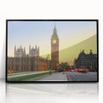 Large abstract wall art of Big Ben in muted gray tones, framed in black acrylic, ideal for modern living room decor.