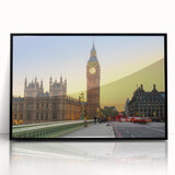 Large abstract wall art of Big Ben in muted gray tones, framed in black acrylic, ideal for modern living room decor.