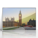 Mid-century modernist art depicting Big Ben with soft pastel shades on a white framed acrylic, suitable for nursery wall art.